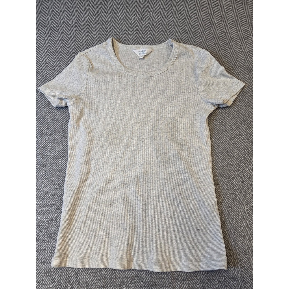 Market & Spruce T-Shirt Women's Medium Light Gray Ribbed Short Sleeve Crew Neck